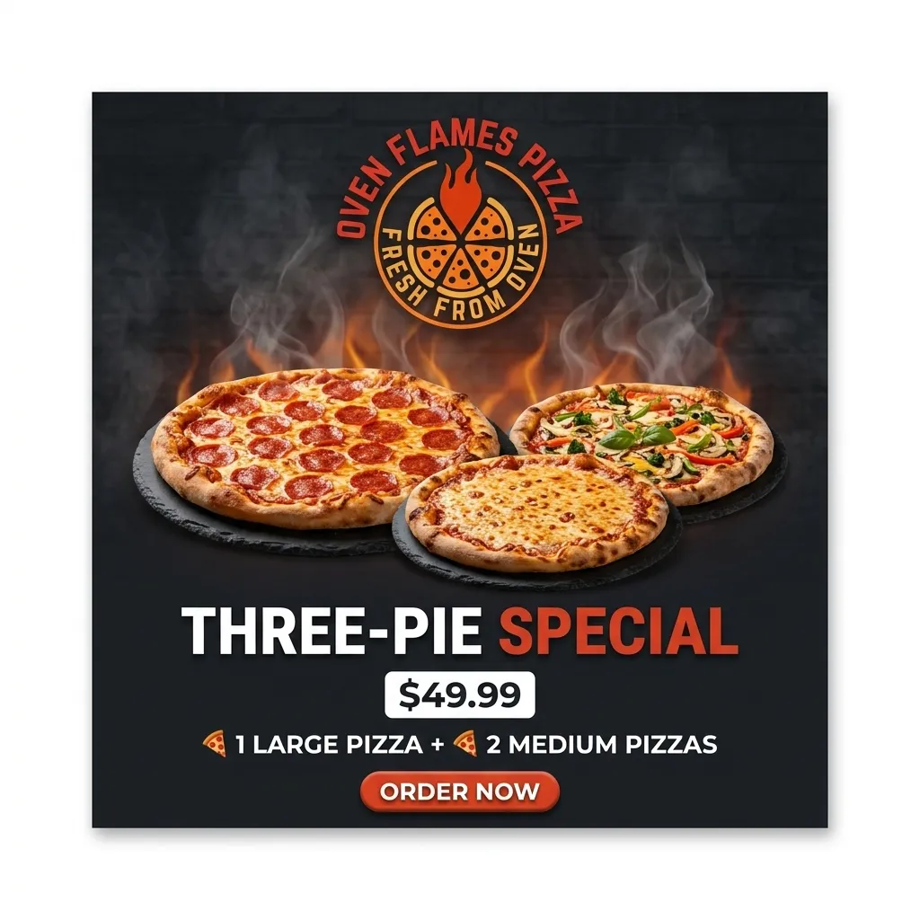 Three-Pie Special — 1 large pizza and 2 medium pizzas for $49.99 at Oven Flames Pizza Marlborough, Calgary NE