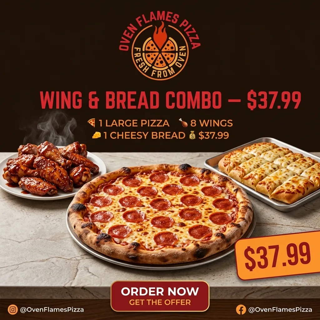 Wing & Bread Combo — 1 large pizza, 8 wings and 1 cheesy bread for $37.99 at Oven Flames Pizza Marlborough, Calgary NE